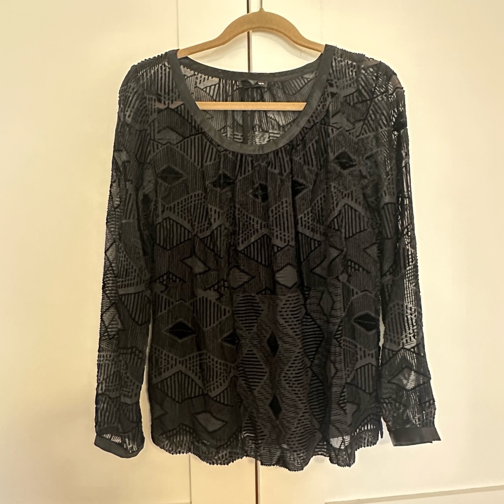 Club Monaco Black Printed Sheer Long Sleeve Blouse